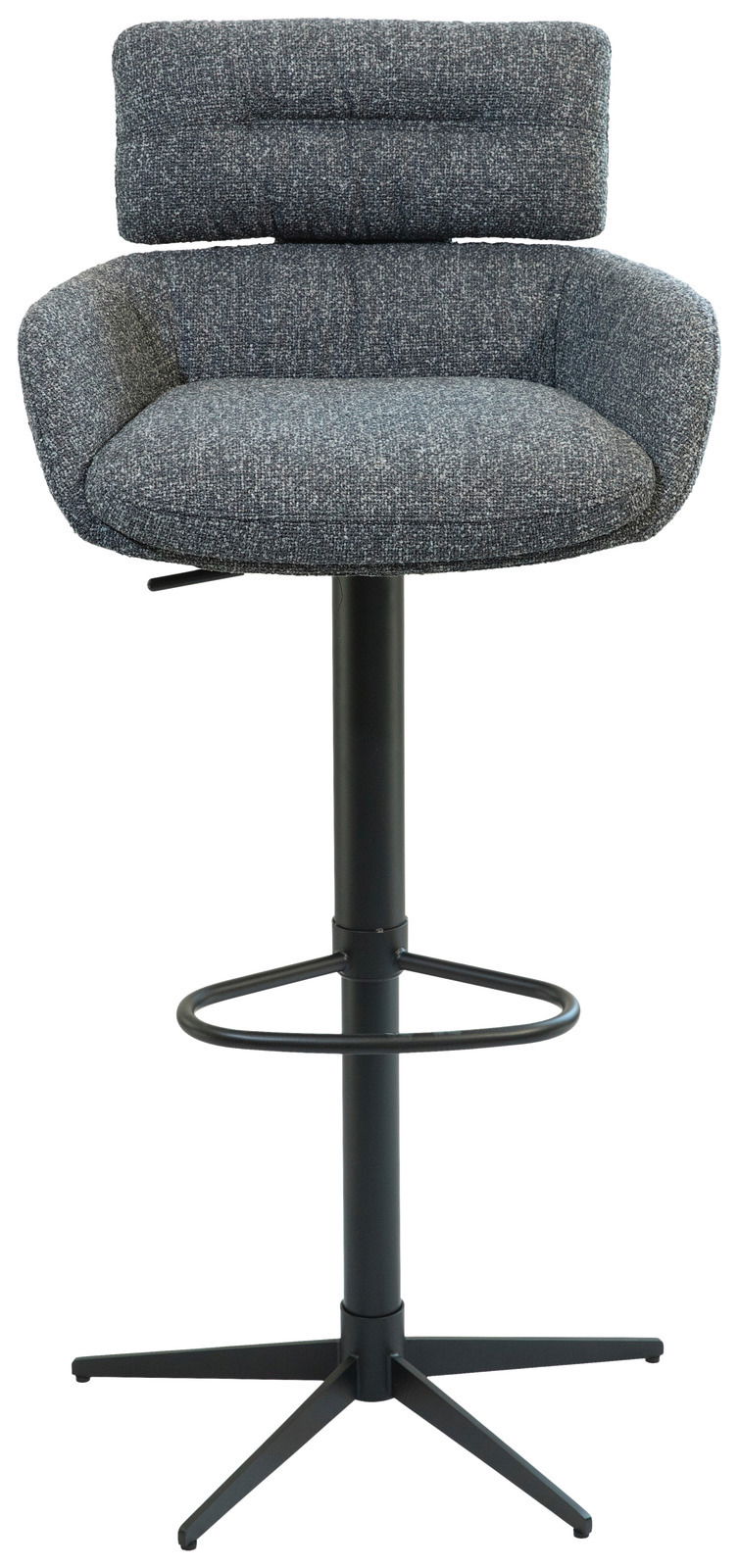 Moderner Barhocker mit gepolsterter Rückenlehne und Sitzfläche, schwarzem Metallgestell und Fußstütze, Frontalansicht