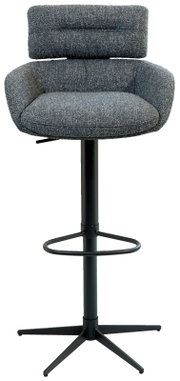 Moderner Barhocker mit gepolsterter Rückenlehne und Sitzfläche, schwarzem Metallgestell und Fußstütze, Frontalansicht