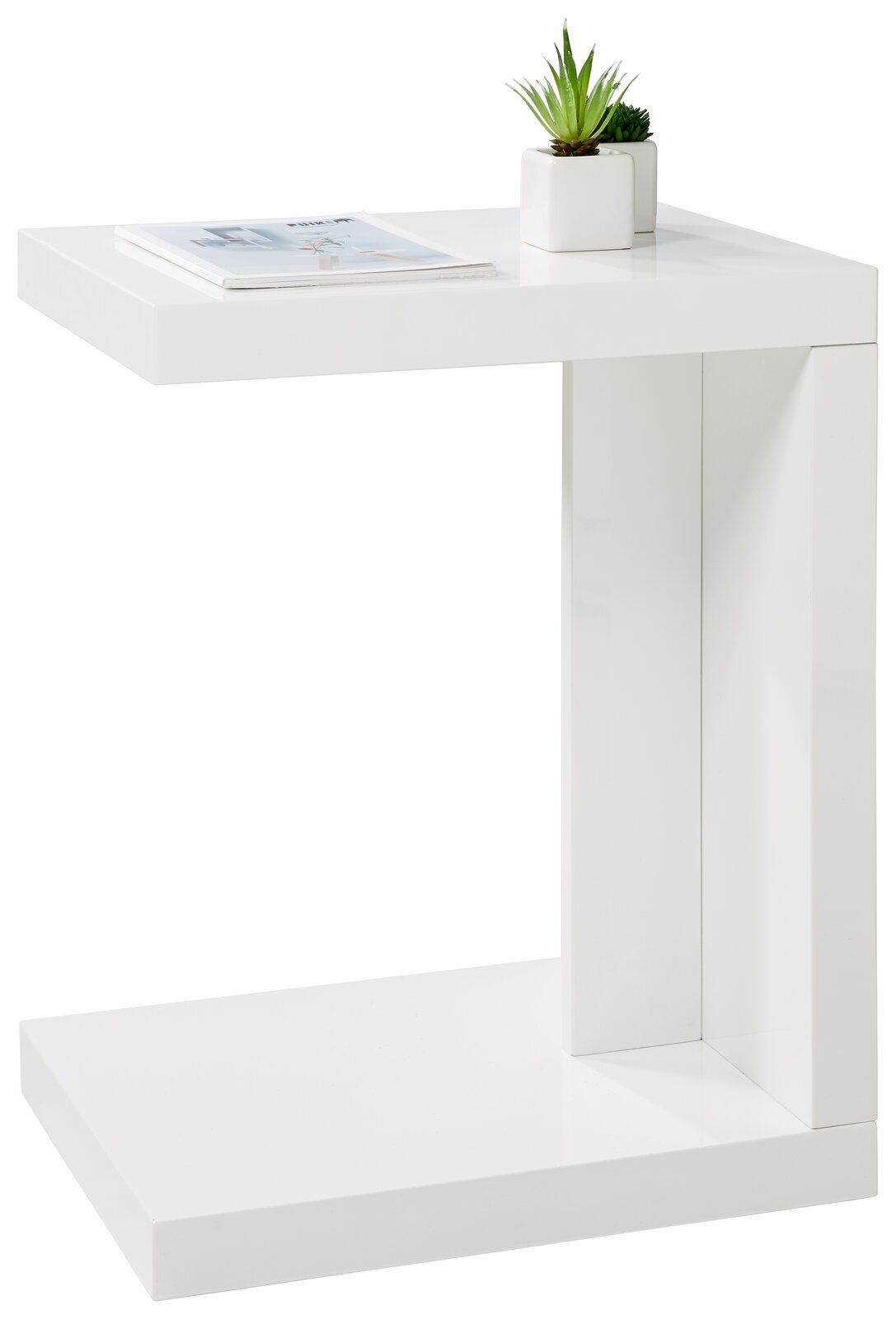 Moderner weißer Beistelltisch in C-Form mit Pflanze und Magazin, seitliche Perspektive