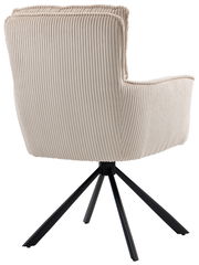 Rückansicht eines beigen Sessels mit geripptem Stoffbezug und schwarzem Metallgestell.