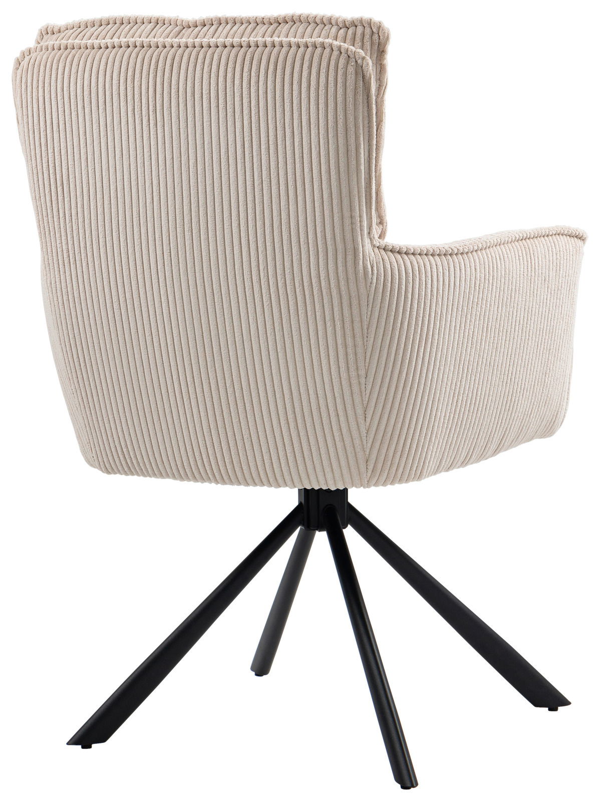Rückansicht eines beigen Sessels mit geripptem Stoffbezug und schwarzem Metallgestell.