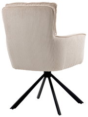 Rückansicht eines beigen Sessels mit geripptem Stoffbezug und schwarzem Metallgestell.