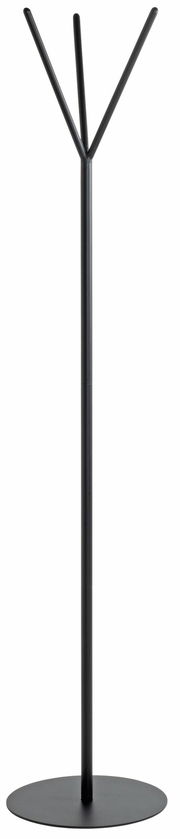 Moderner schwarzer Garderobenständer aus Metall mit drei Haken, frontal abgebildet.