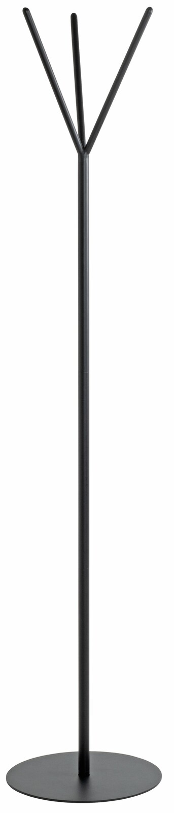 Moderner schwarzer Garderobenständer aus Metall mit drei Haken, frontal abgebildet.