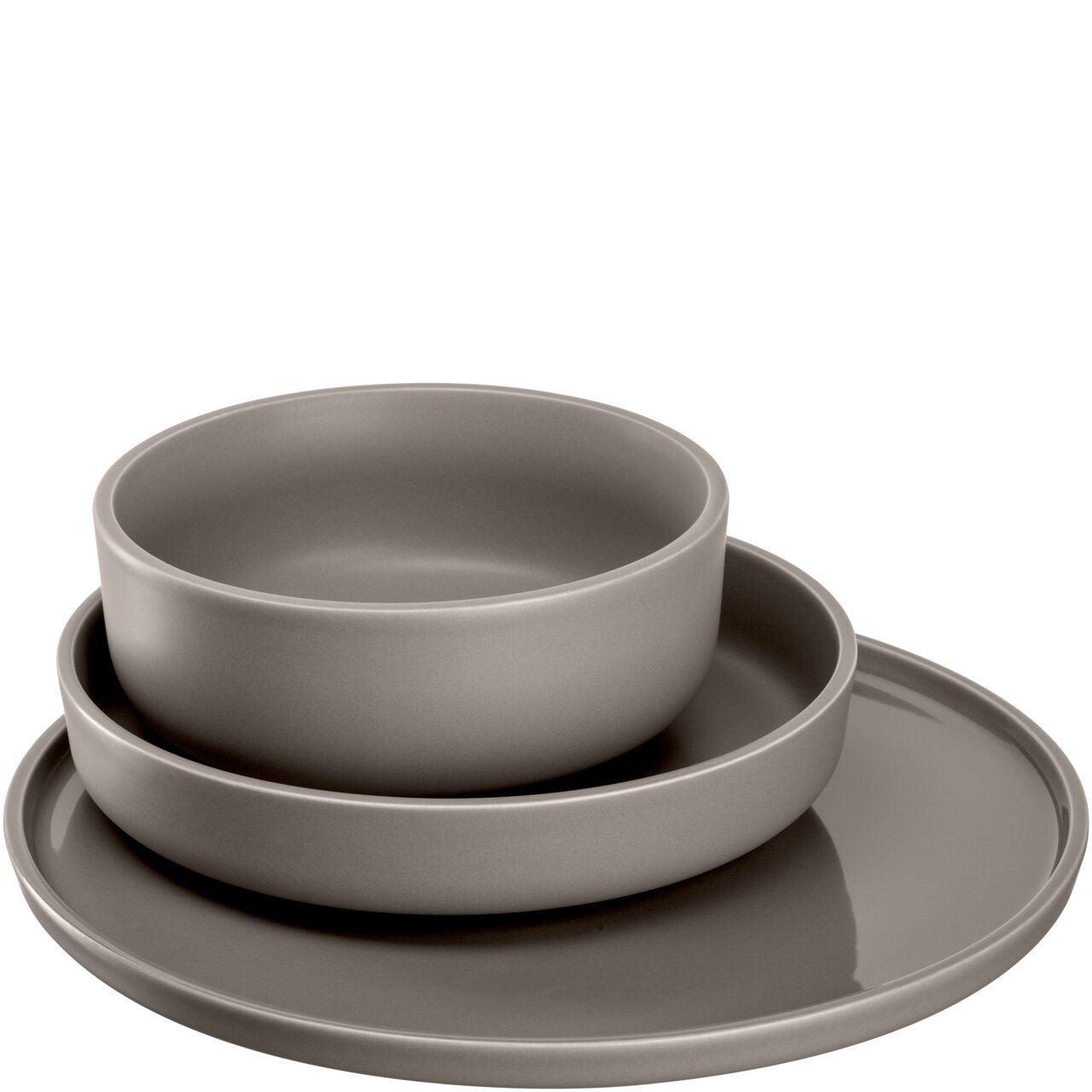 Geschirrset 12-tlg. in Taupe, bestehend aus einem flachen Teller, einem tiefen Teller und einer Schüssel, seitliche Perspektive