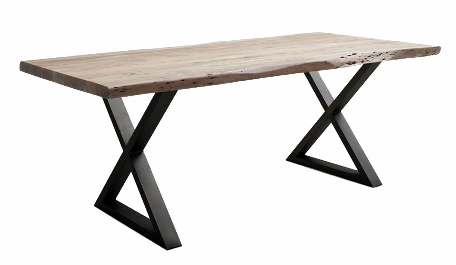 Moderner Esstisch mit Holzplatte und schwarzen X-förmigen Metallbeinen, seitliche Perspektive