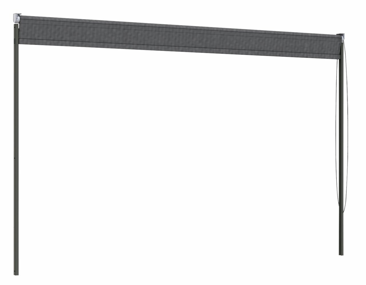 Seitenansicht eines grauen Rollos mit zwei vertikalen Stangen und einem Zugband auf der rechten Seite.