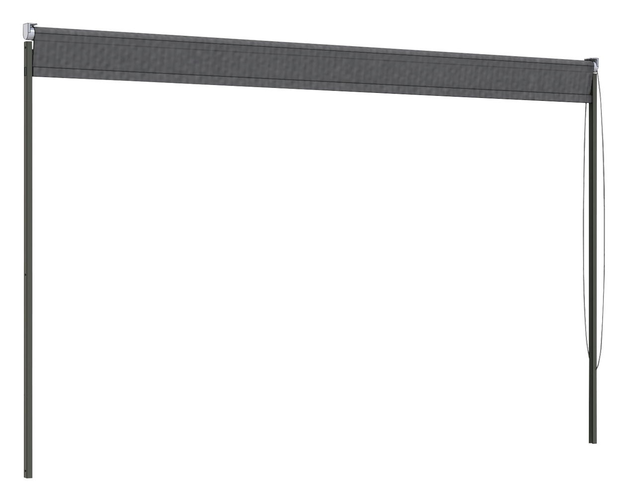 Seitenansicht eines grauen Rollos mit zwei vertikalen Stangen und einem Zugband auf der rechten Seite.