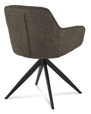 Rückansicht eines Armlehnstuhls mit dunkelgrauem Stoffbezug und schwarzen Metallbeinen.