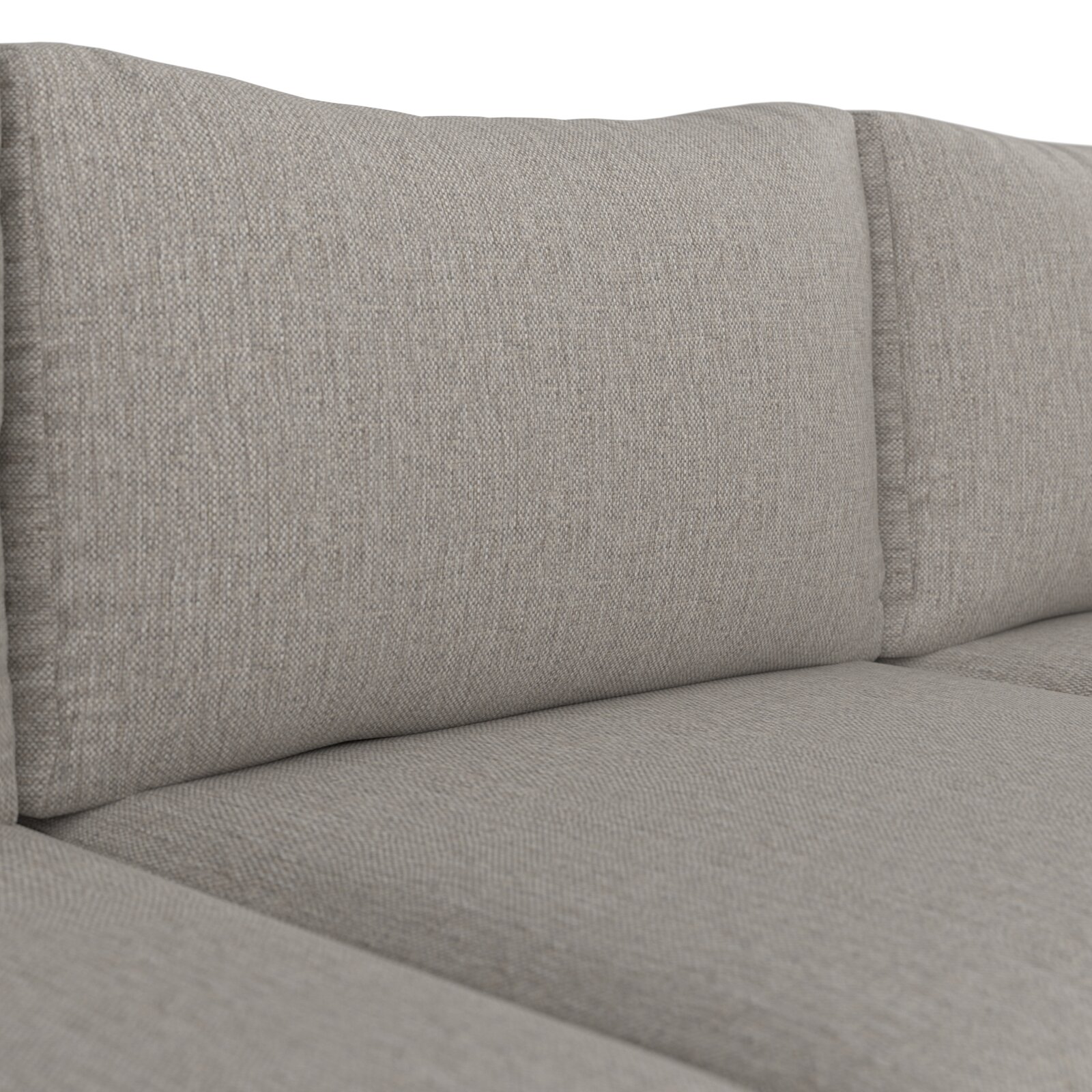 Nahaufnahme eines hellgrauen Stoffsofas mit strukturiertem Bezug und gepolsterten Rücken- und Sitzkissen, Perspektive leicht schräg von vorne auf die Sitzfläche.