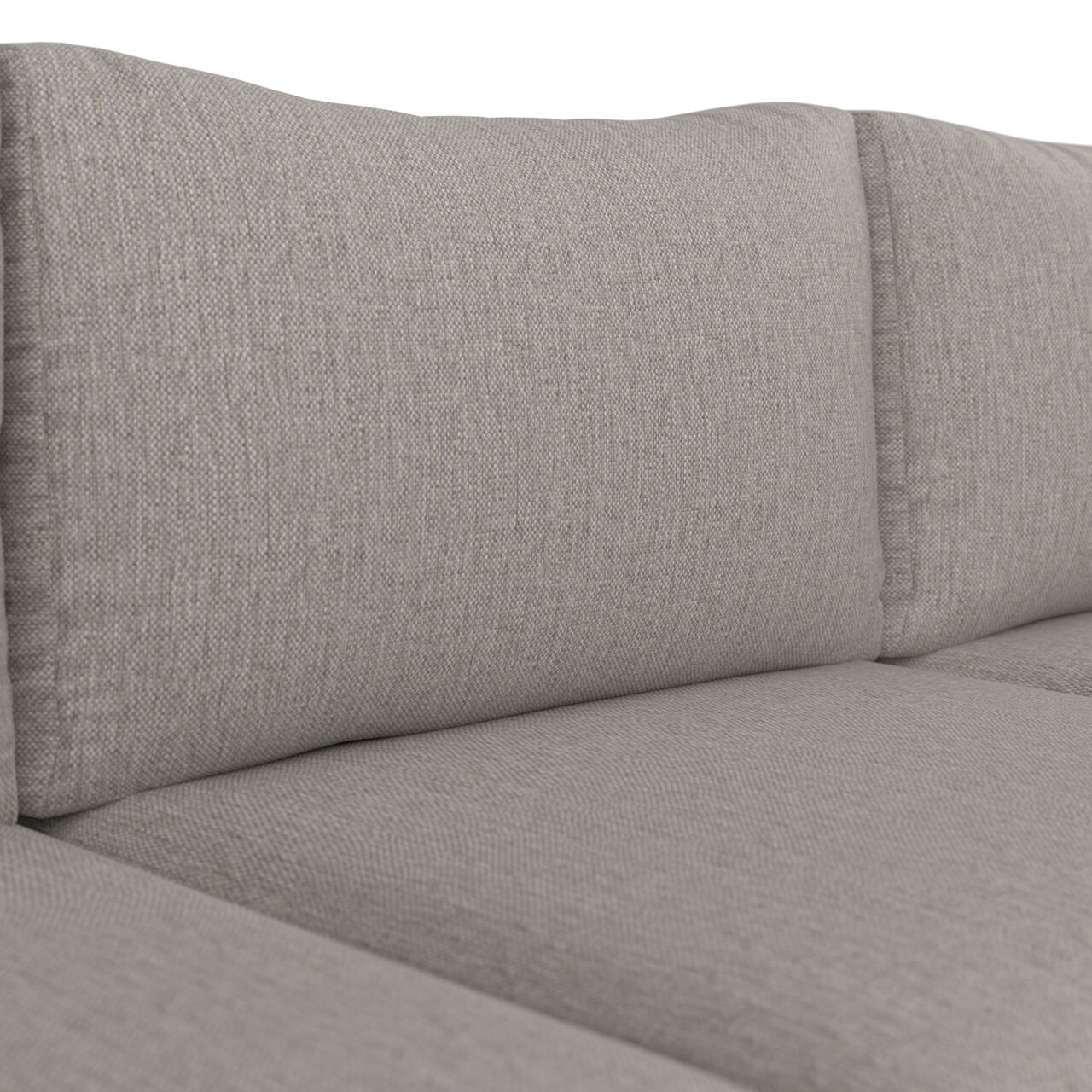 Nahaufnahme eines hellgrauen Stoffsofas mit strukturiertem Bezug und gepolsterten Rücken- und Sitzkissen, Perspektive leicht schräg von vorne auf die Sitzfläche.