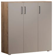 Moderner Schuhschrank mit drei Türen in Holzoptik und grauer Front, Frontalansicht