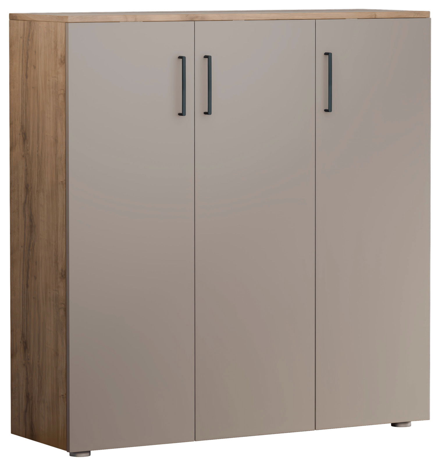 Moderner Schuhschrank mit drei Türen in Holzoptik und grauer Front, Frontalansicht
