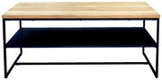 Moderner Couchtisch mit Holzplatte und schwarzem Metallgestell, frontal betrachtet.