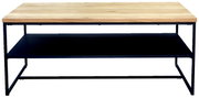 Moderner Couchtisch mit Holzplatte und schwarzem Metallgestell, frontal betrachtet.