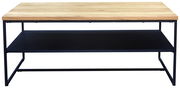 Moderner Couchtisch mit Holzplatte und schwarzem Metallgestell, frontal betrachtet.