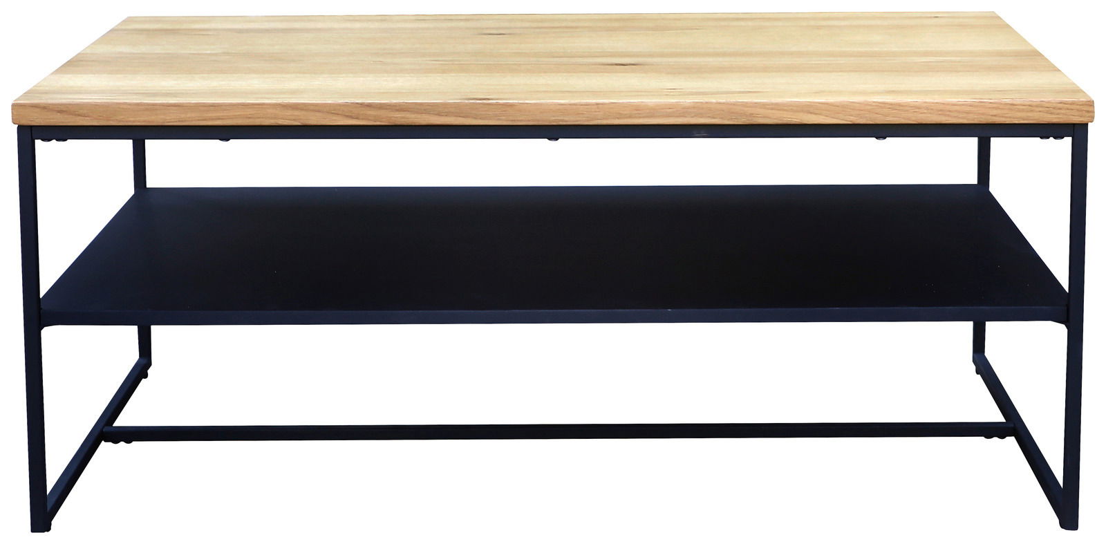 Moderner Couchtisch mit Holzplatte und schwarzem Metallgestell, frontal betrachtet.