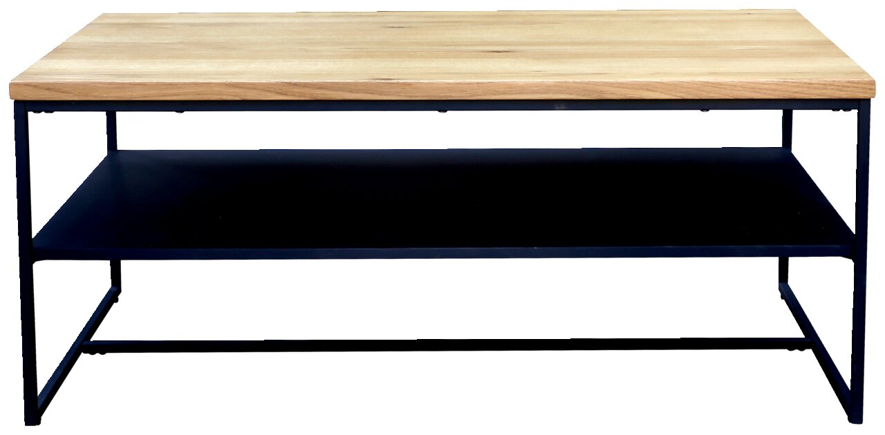 Moderner Couchtisch mit Holzplatte und schwarzem Metallgestell, frontal betrachtet.