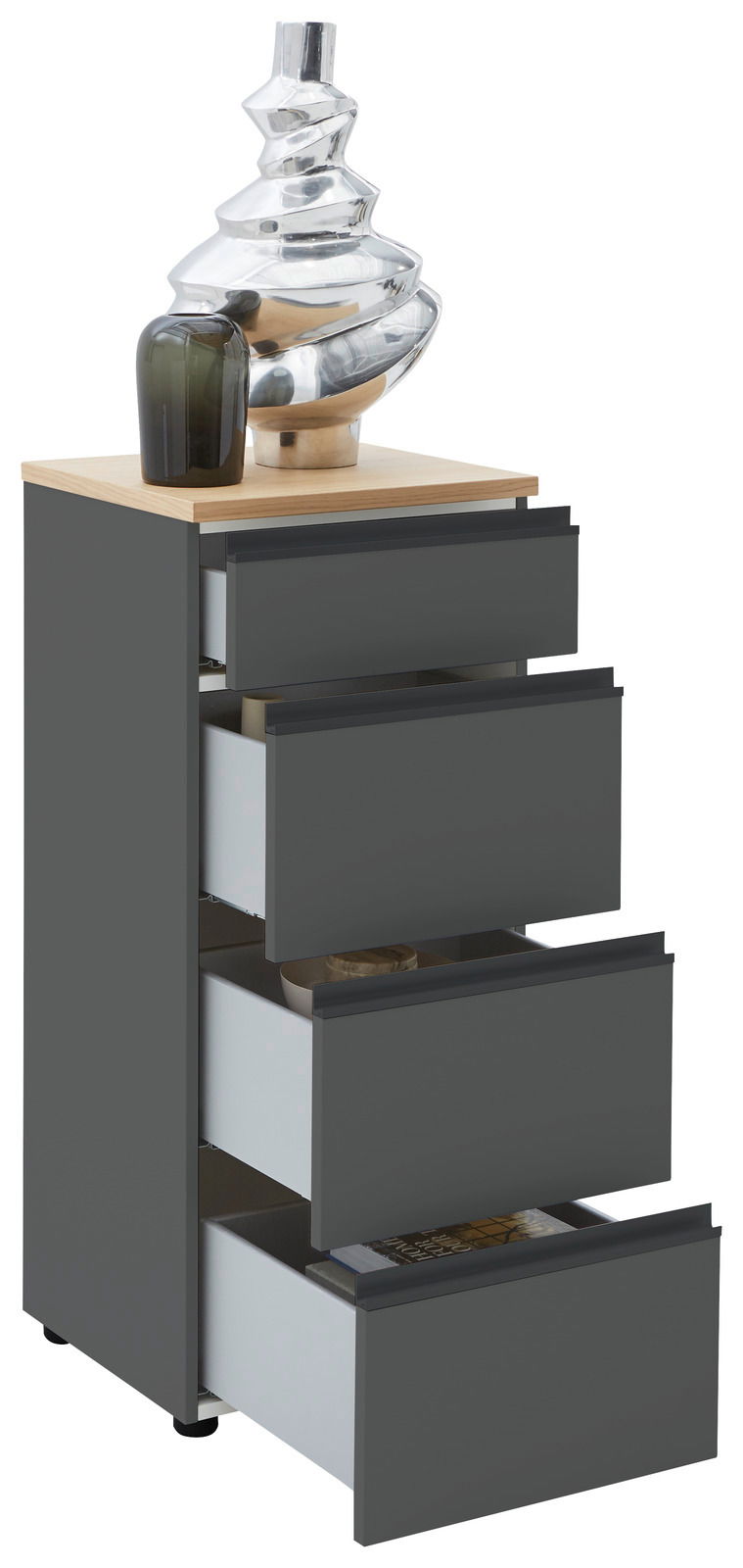 Dieter Knoll Schubkastenkommode LENDINA Schubkastenkommode LENDINA von Dieter Knoll in dunklem Grau mit vier offenen Schubladen, dekoriert mit einer modernen Vase und einem Glasobjekt auf der Oberseite, seitliche Perspektive