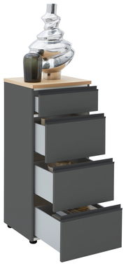 Schubkastenkommode LENDINA von Dieter Knoll in dunklem Grau mit vier offenen Schubladen, dekoriert mit einer modernen Vase und einem Glasobjekt auf der Oberseite, seitliche Perspektive