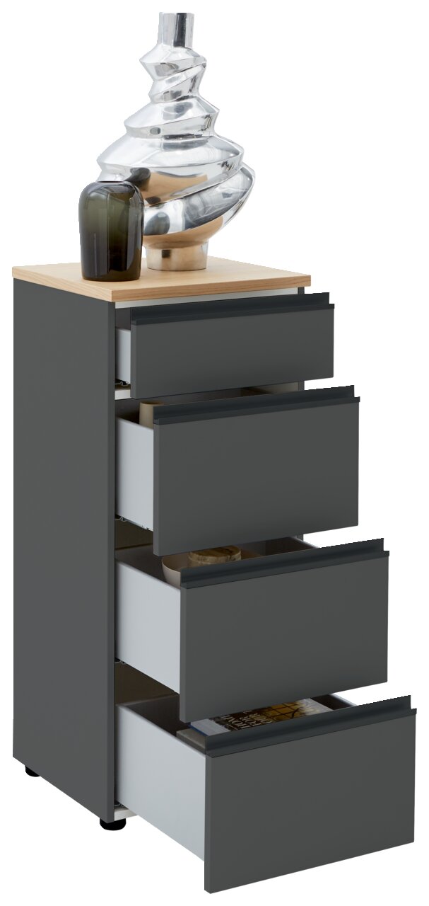 Schubkastenkommode LENDINA von Dieter Knoll in dunklem Grau mit vier offenen Schubladen, dekoriert mit einer modernen Vase und einem Glasobjekt auf der Oberseite, seitliche Perspektive
