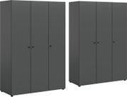 Dunkelgrauer, minimalistischer Kleiderschrank mit vier Türen und kleinen runden Griffen, freistehend auf Füßen, in Frontansicht und leicht schräger Perspektive dargestellt.
