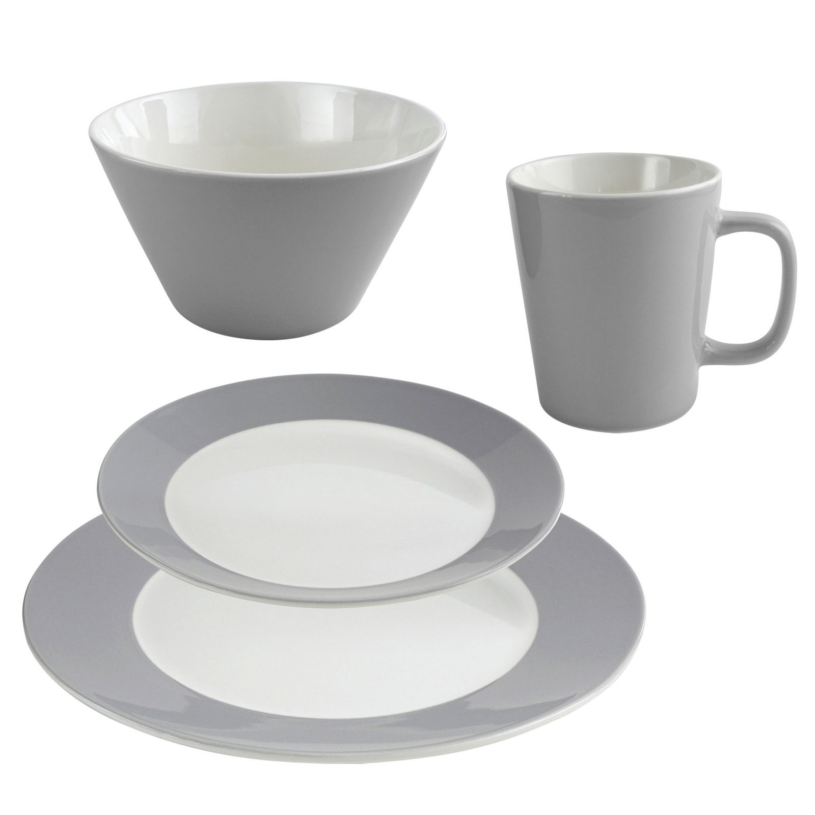 Graues Kombi-Set bestehend aus einer Schüssel, einer Tasse und zwei Tellern, seitliche Perspektive