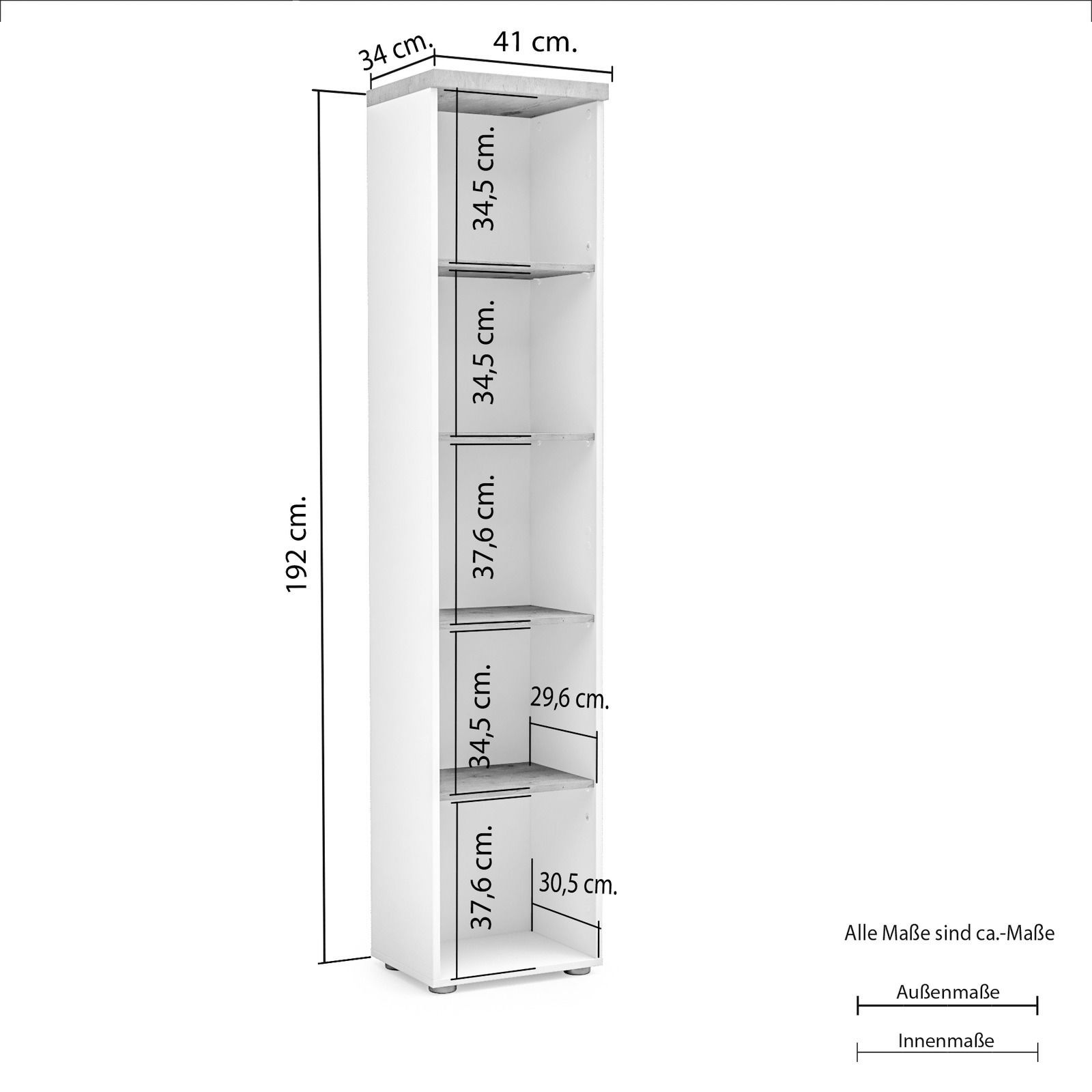 Hohes, schmales Aktenregal mit fünf Fächern, weiße Farbe, Maße: 192 cm hoch, 41 cm breit, 34 cm tief, seitliche Perspektive.