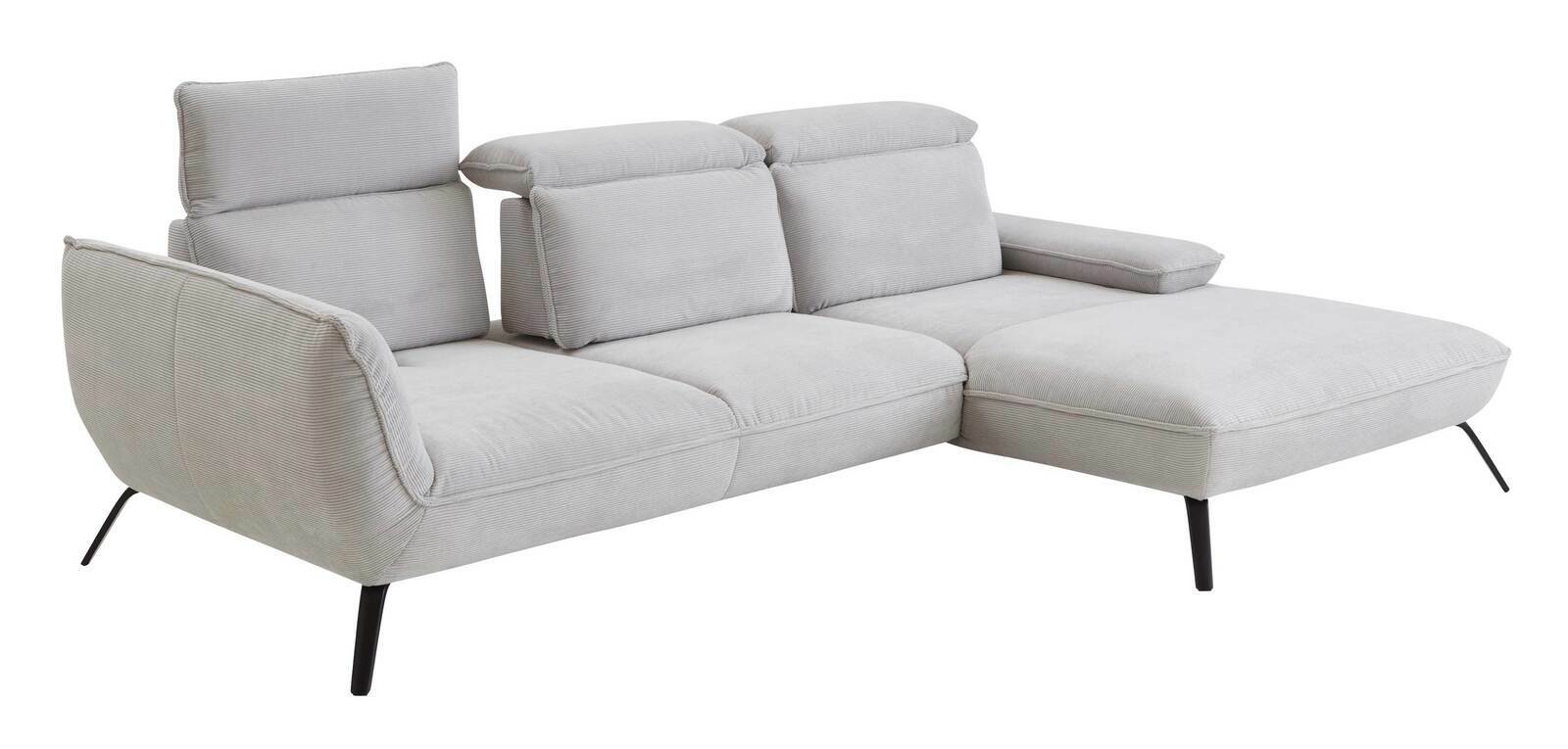 Graue Longchairkombination mit verstellbaren Kopfstützen und schwarzem Metallgestell, seitliche Perspektive