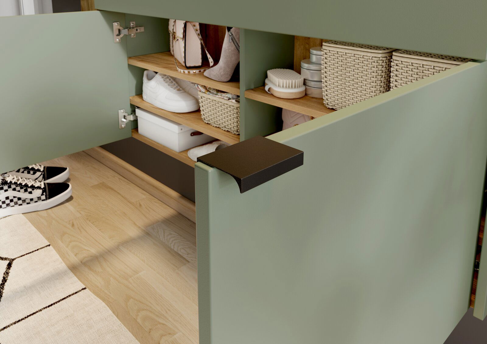 Geöffneter grüner Hängeschuhschrank mit mehreren Fächern, gefüllt mit Schuhen, Körben und Accessoires, aus der seitlichen Perspektive betrachtet.
