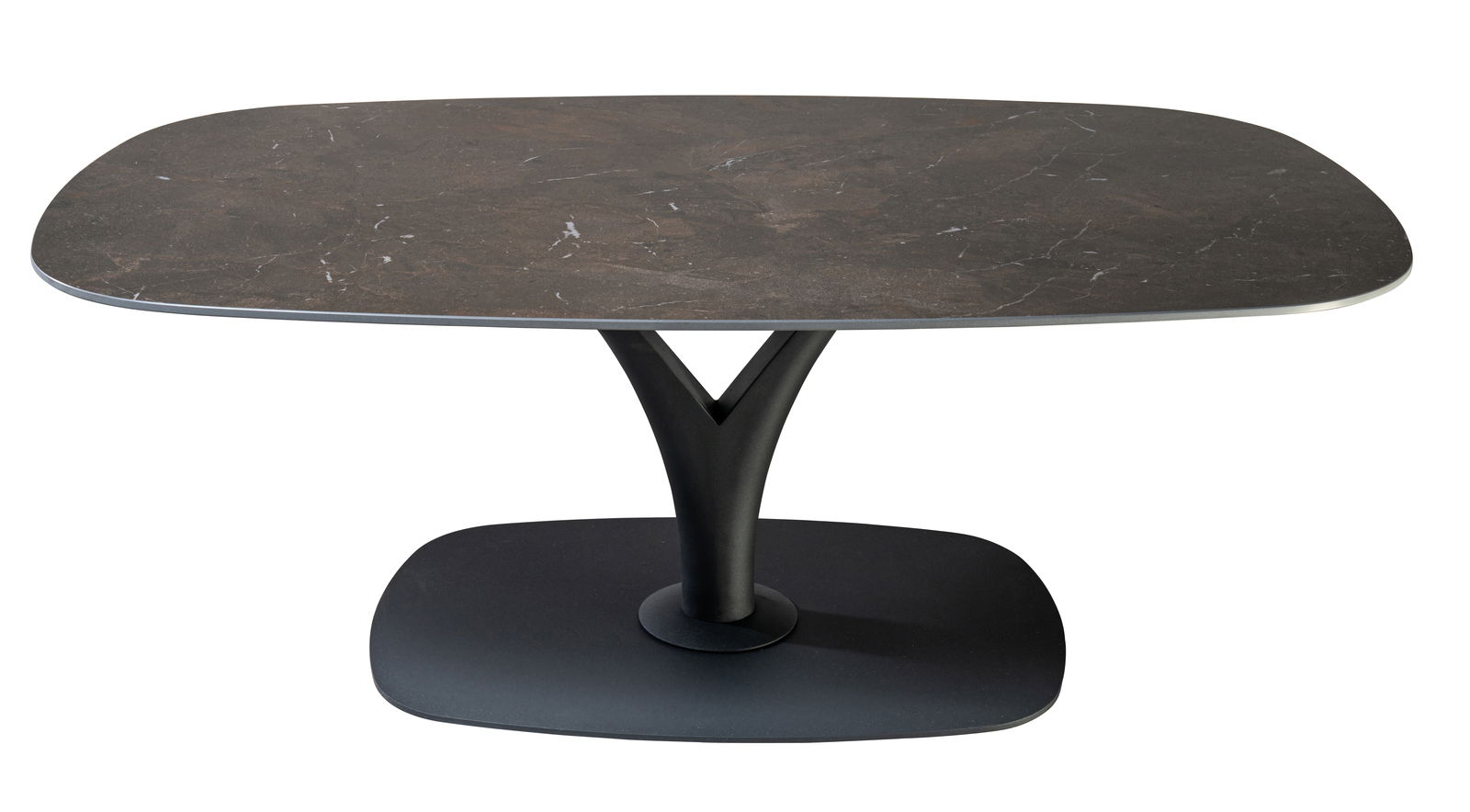 Moderner Couchtisch mit dunkler, marmorierter Tischplatte und elegantem, schwarzem Standfuß. Ansicht von schräg oben.