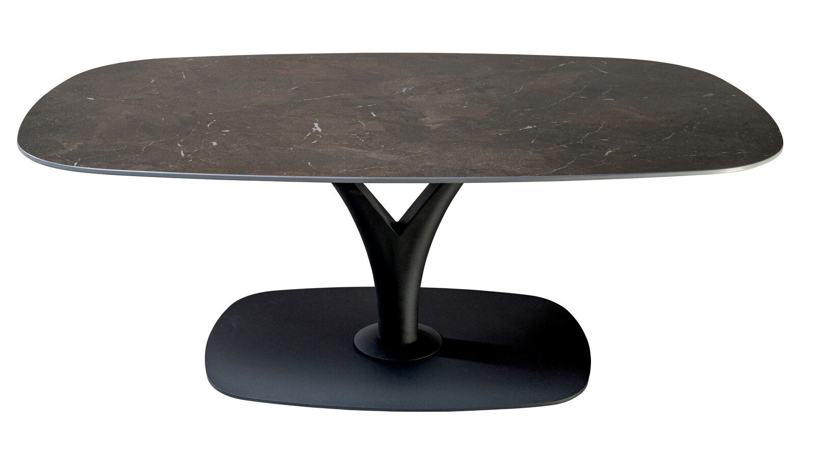 Moderner Couchtisch mit dunkler, marmorierter Tischplatte und elegantem, schwarzem Standfuß. Ansicht von schräg oben.