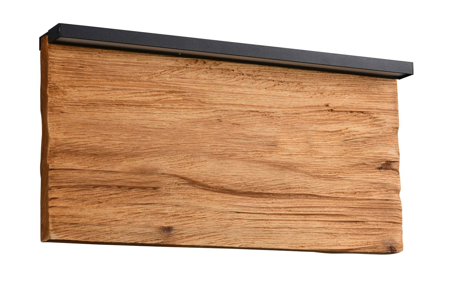 Wandleuchte aus Holz mit schwarzem Metallrahmen, seitliche Perspektive