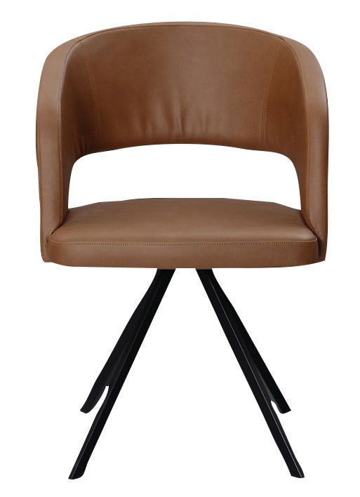 Moderner Armlehnstuhl LAURA in braunem Leder mit schwarzem Metallgestell, Frontalansicht.