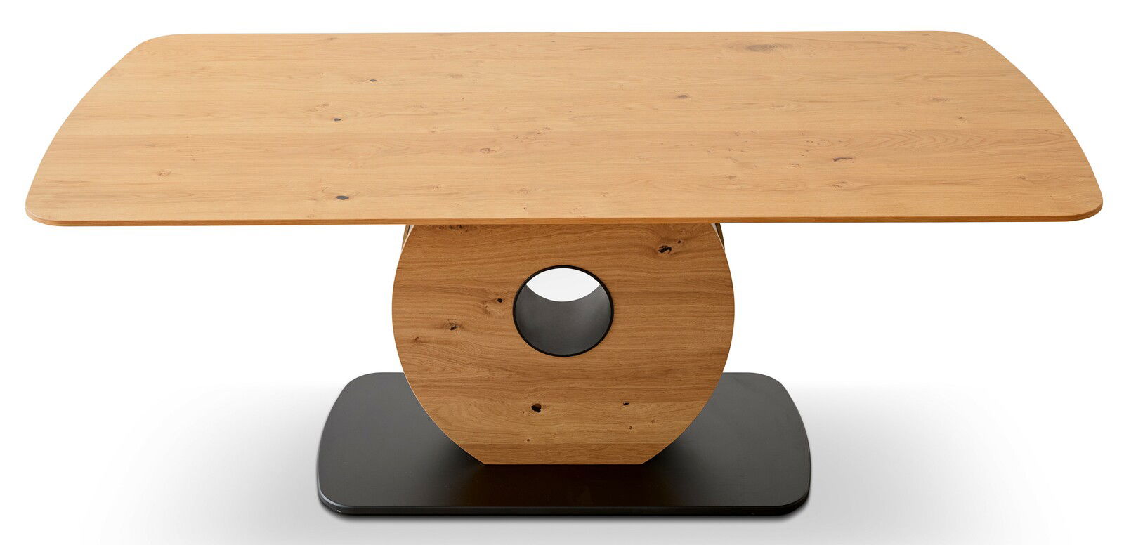 Moderner Esstisch aus Holz mit ovaler Tischplatte und einzigartigem, rundem Sockel, Frontalansicht.