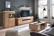 Wohnzimmeransicht mit moderner Wohnkombination aus hellem Holz, bestehend aus TV-Schrank, Vitrine und Couchtisch, mit Dekorationen und Pflanzen, seitliche Perspektive.