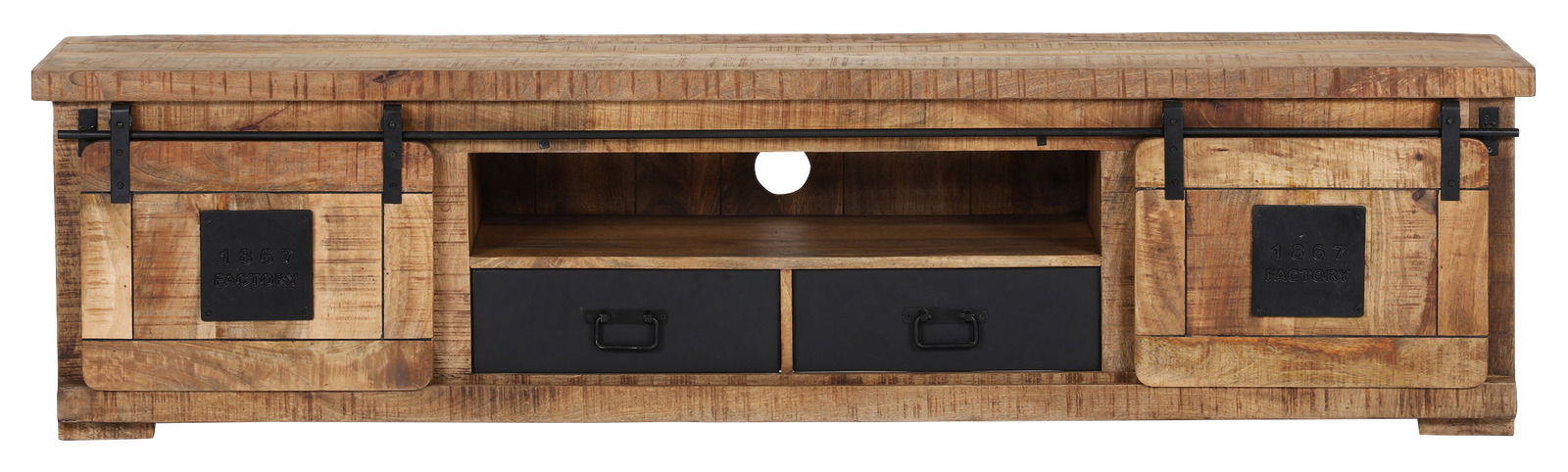 Rustikales Lowboard aus Holz mit zwei Schiebetüren und zwei Schubladen, Frontalansicht