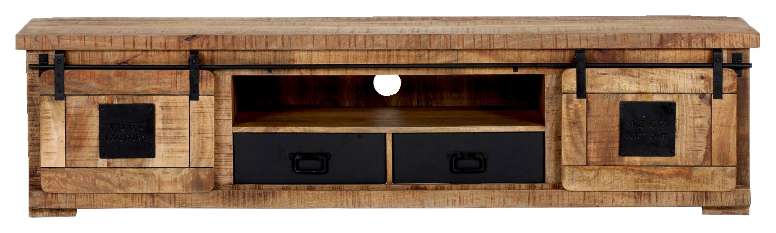 Rustiek houten lowboard met twee schuifdeuren en twee lades, vooraanzicht