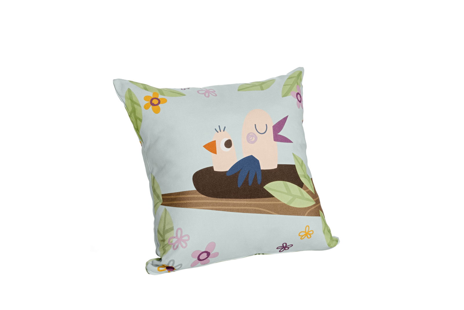 Partykissen mit buntem Vogelmotiv, seitliche Perspektive