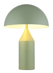 Moderne Tischleuchte ATOMA in sanftem Grün mit halbrundem Schirm, seitliche Perspektive.