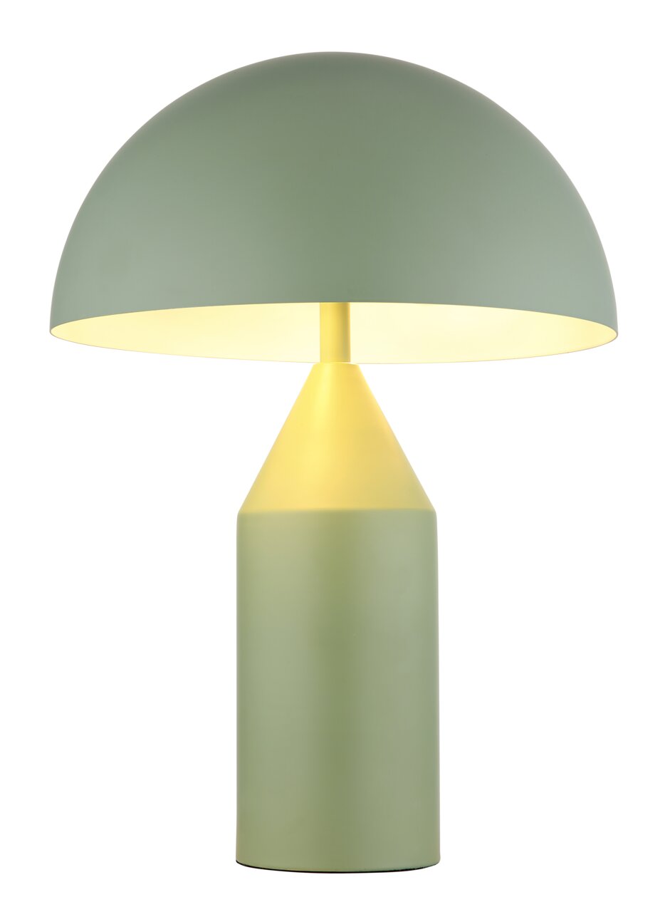 Moderne tafellamp ATOMA in zachtgroen met een halfronde kap, gezien vanaf de zijkant.