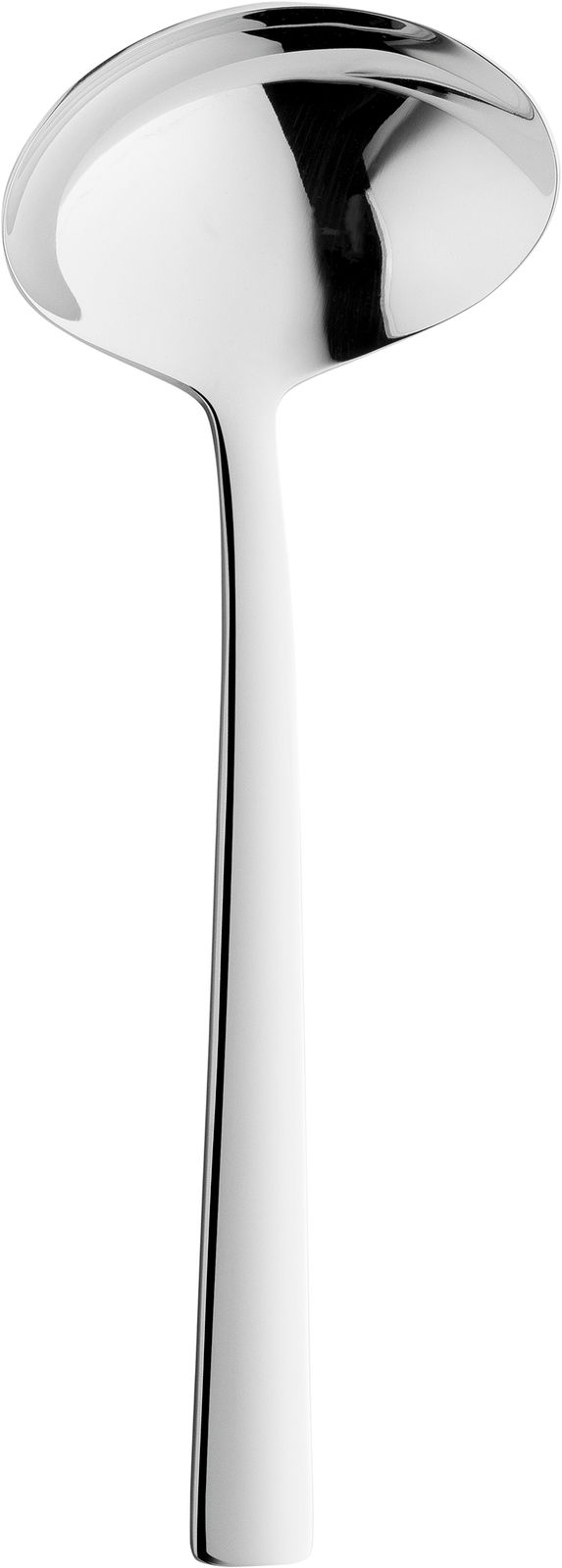 Silberne Suppenkelle aus Edelstahl, frontal abgebildet.