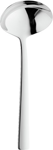 Silberne Suppenkelle aus Edelstahl, frontal abgebildet.