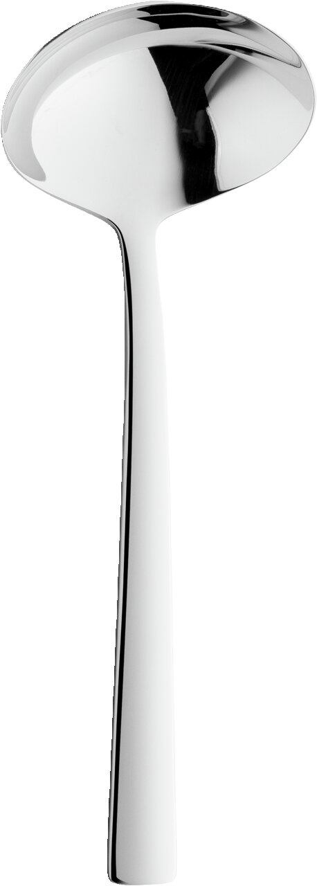 Silberne Suppenkelle aus Edelstahl, frontal abgebildet.