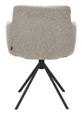 Rückansicht eines Sessels mit beigem Stoffbezug und schwarzem Metallgestell.