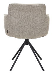 Rückansicht eines Sessels mit beigem Stoffbezug und schwarzem Metallgestell.