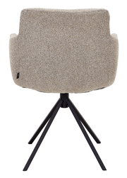 Rückansicht eines Sessels mit beigem Stoffbezug und schwarzem Metallgestell.