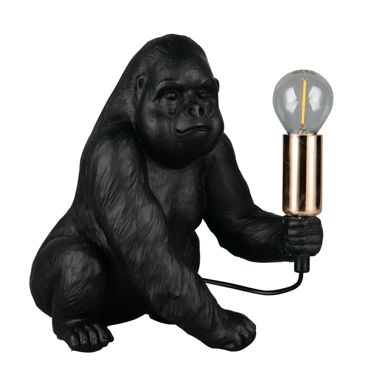 Reality Leuchten Tischleuchte KONG Schwarze Tischleuchte in Form eines Gorillas, der eine Glühbirne in der Hand hält. Perspektive von vorne.
