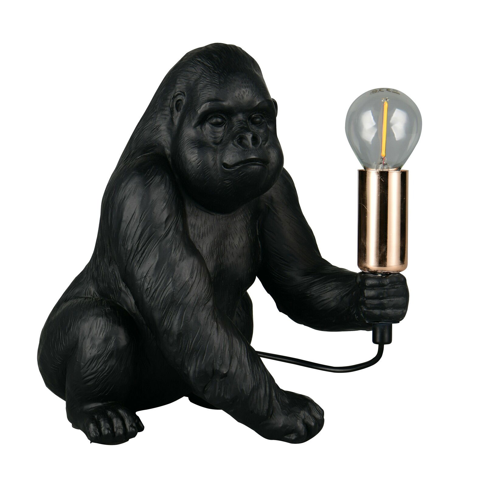 Schwarze Tischleuchte in Form eines Gorillas, der eine Glühbirne in der Hand hält. Perspektive von vorne.