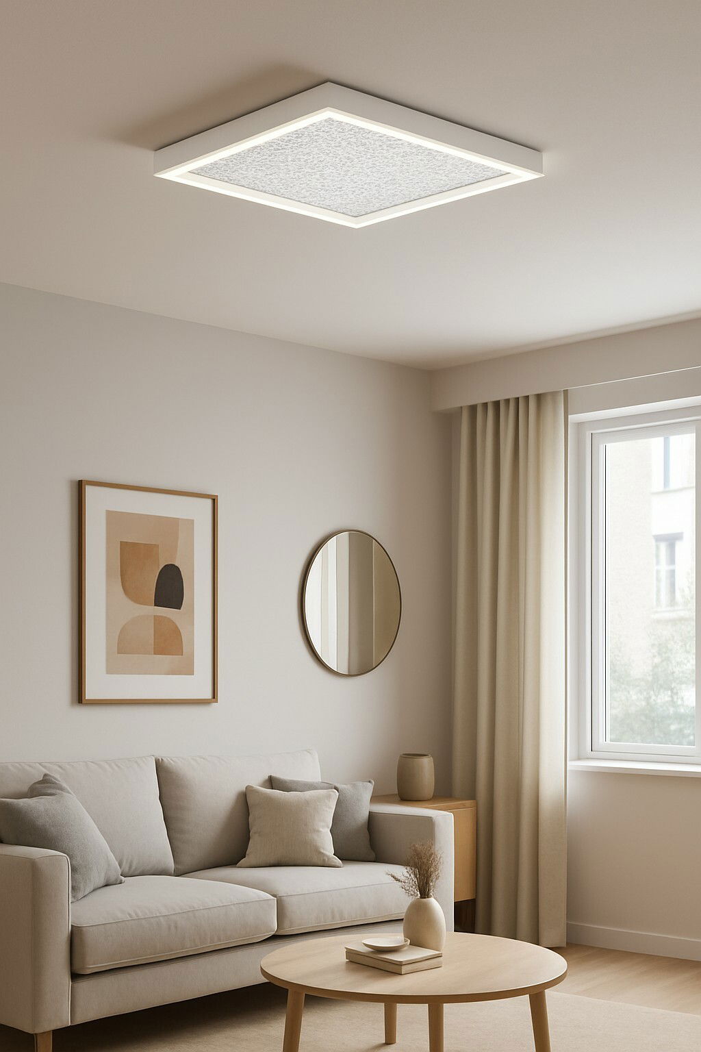 Moderne quadratische LED-Deckenleuchte in einem stilvollen Wohnzimmer, von unten betrachtet.